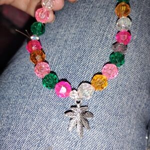 Colorful Candy Colors Beaded Necklace with Silvertone Cannibis Leaf Pendant